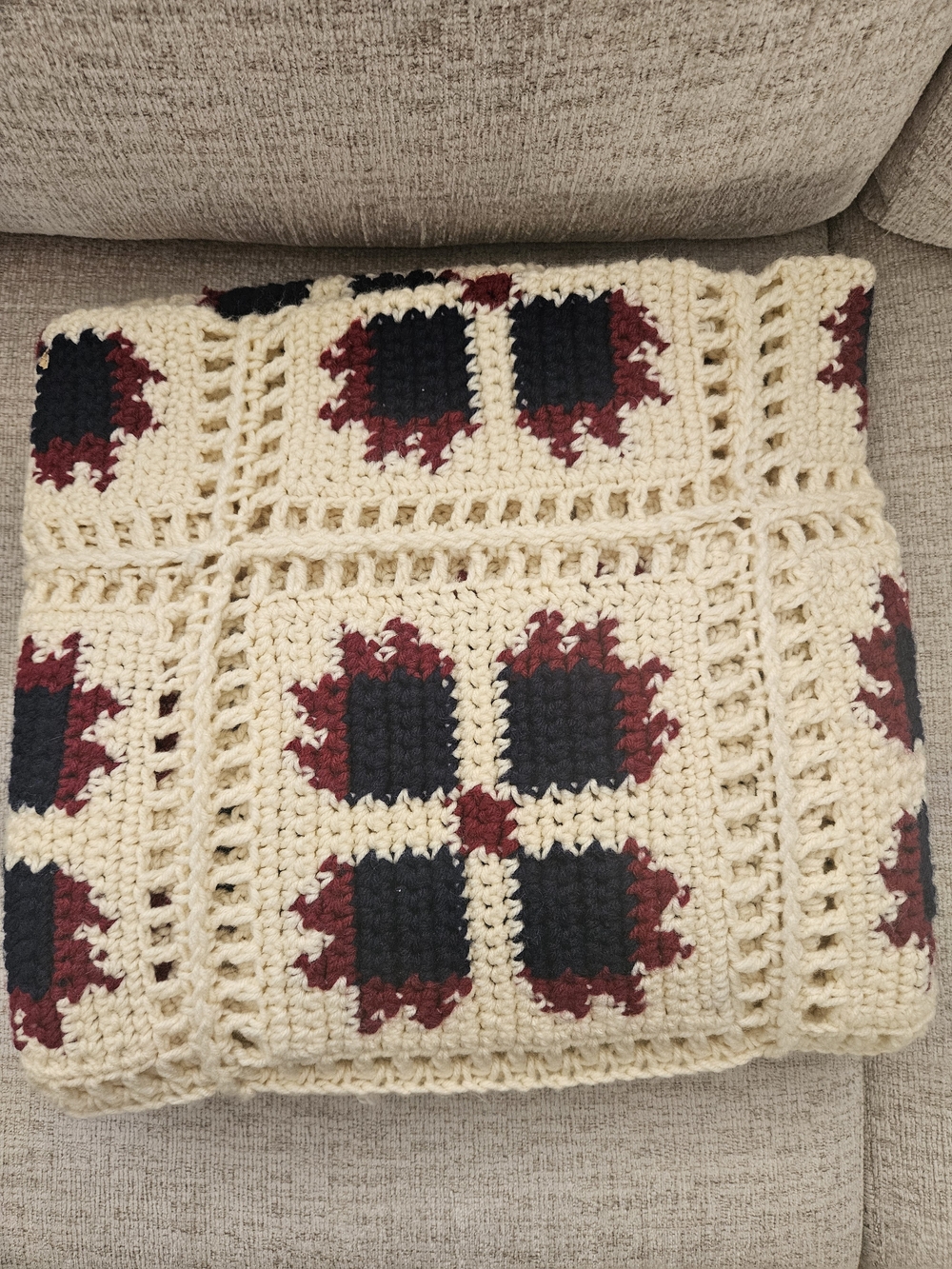 Handmade Crochet Throw Blanket in Cream, Navy & Burgundy, 56"x56"